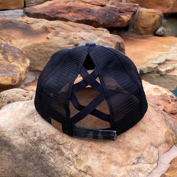 Distressed BLACK Camo Criss-Cross High Pony Ball Cap - Picture 7 of 9